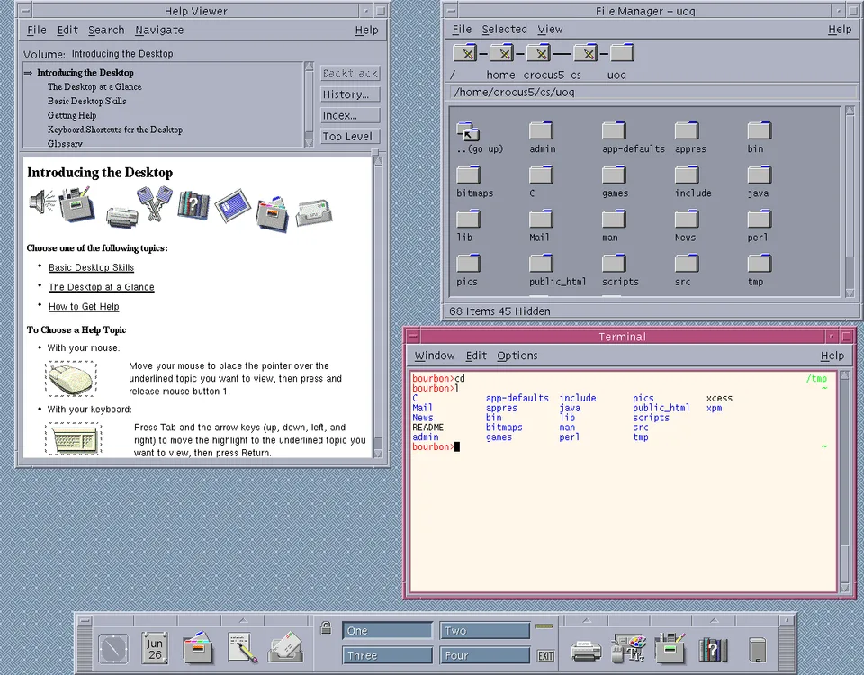 CDE desktop showing Help Viewer, File Manager, and Terminal