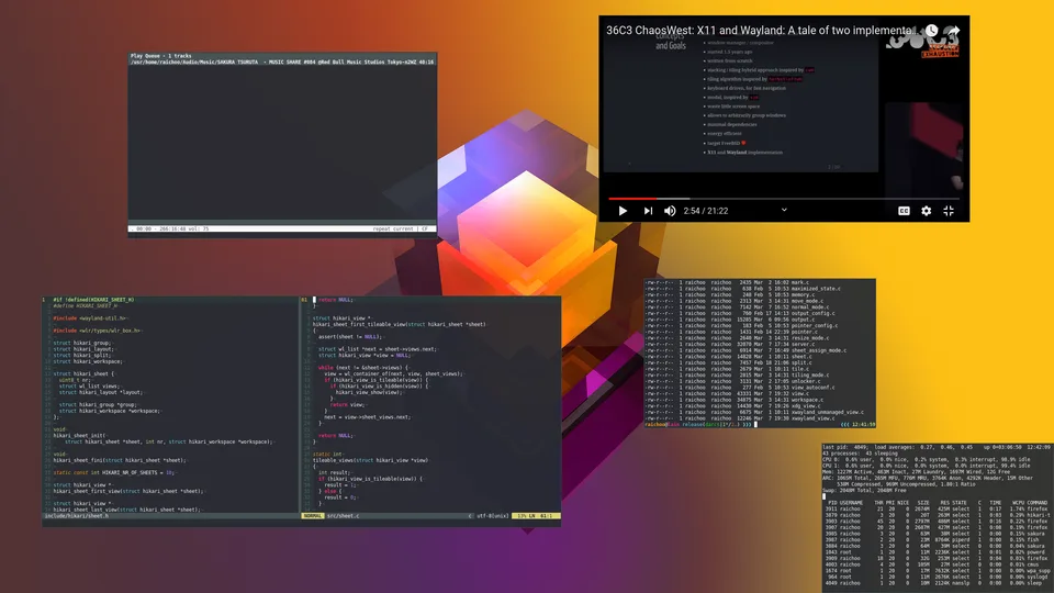 Hikari desktop with several tiled windows