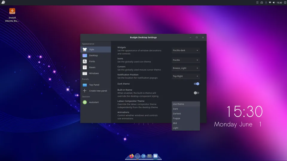 Budgie settings showing Labwc themes