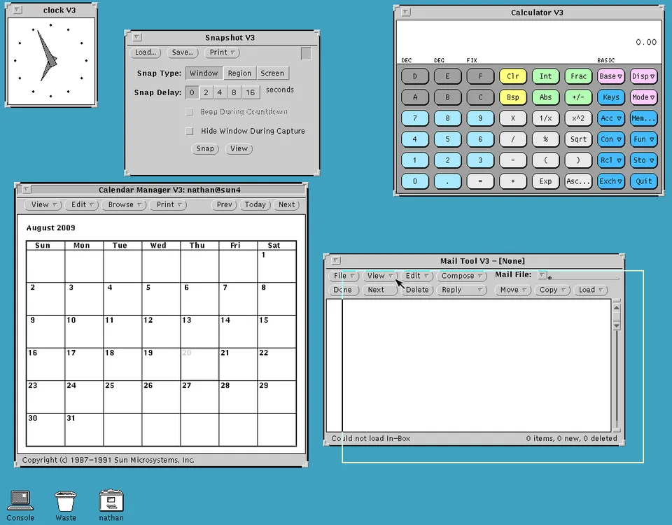 OpenWindows 3 desktop with SunOS applications