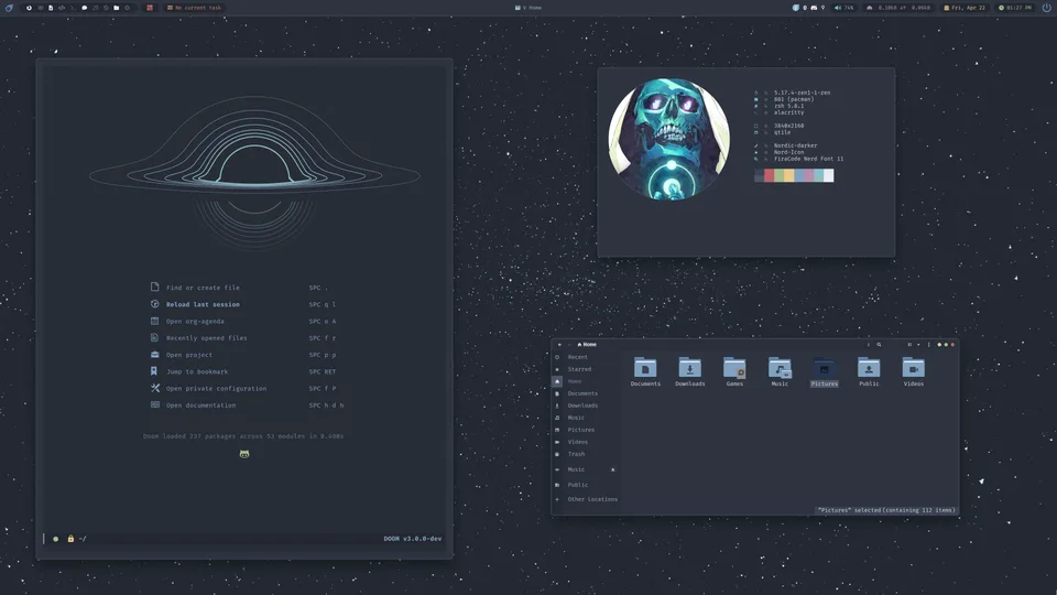 Qtile Nebula desktop with Doom Emacs