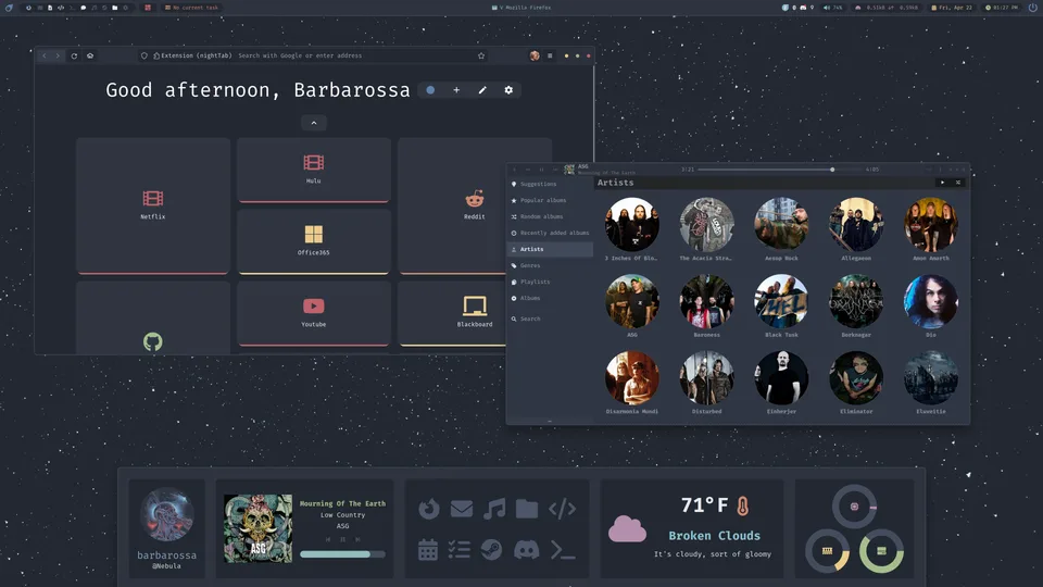 Qtile Nebula desktop with Firefox and music player