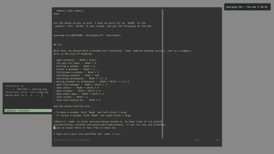 sowm desktop with terminal and tiled windows