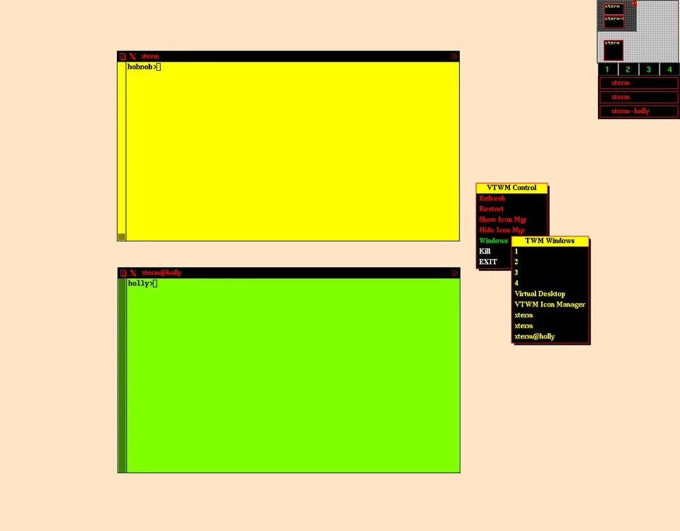 VTWM virtual desktop with multiple xterms