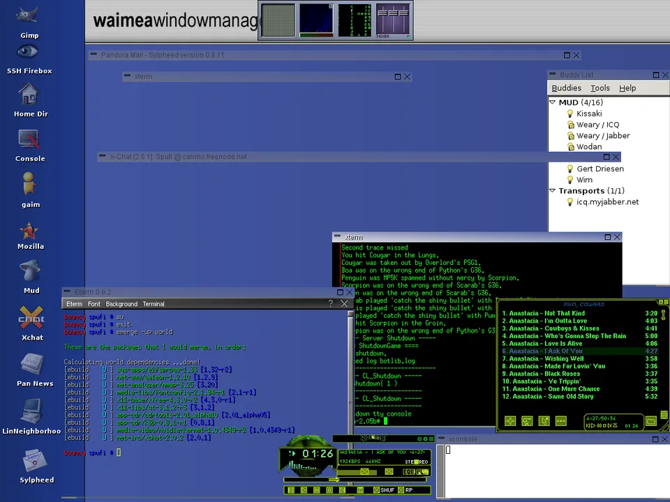 Waimea desktop with application windows and workspace pager