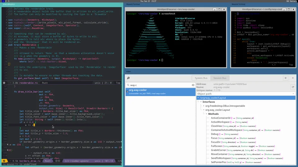 Way Cooler desktop with tiled windows and D-Bus inspector