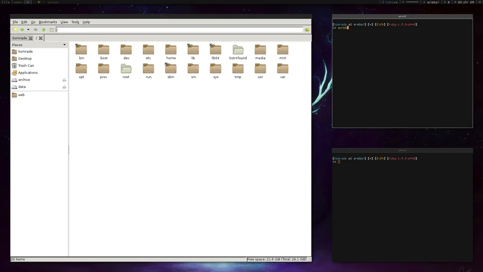 Xmonad tiled desktop with two terminals and a file manager
